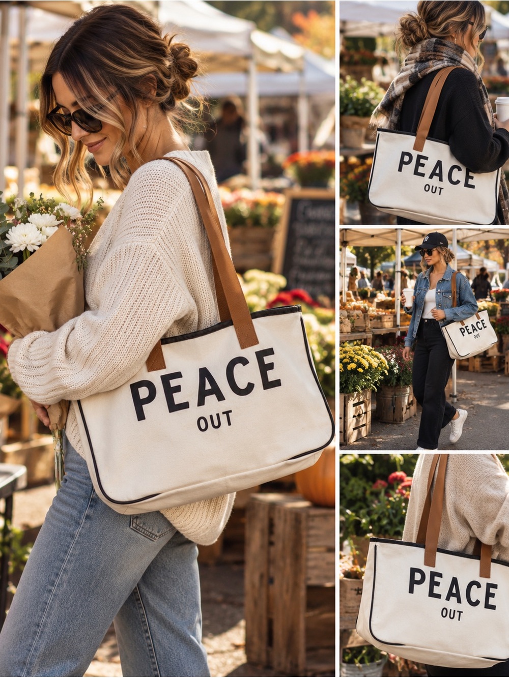 Peace Out Tote in White & Black